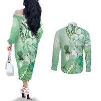 Aotearoa Maori Wahine Couples Matching Off The Shoulder Long Sleeve Dress and Long Sleeve Button Shirt Fantail Bird Green Gold Marble