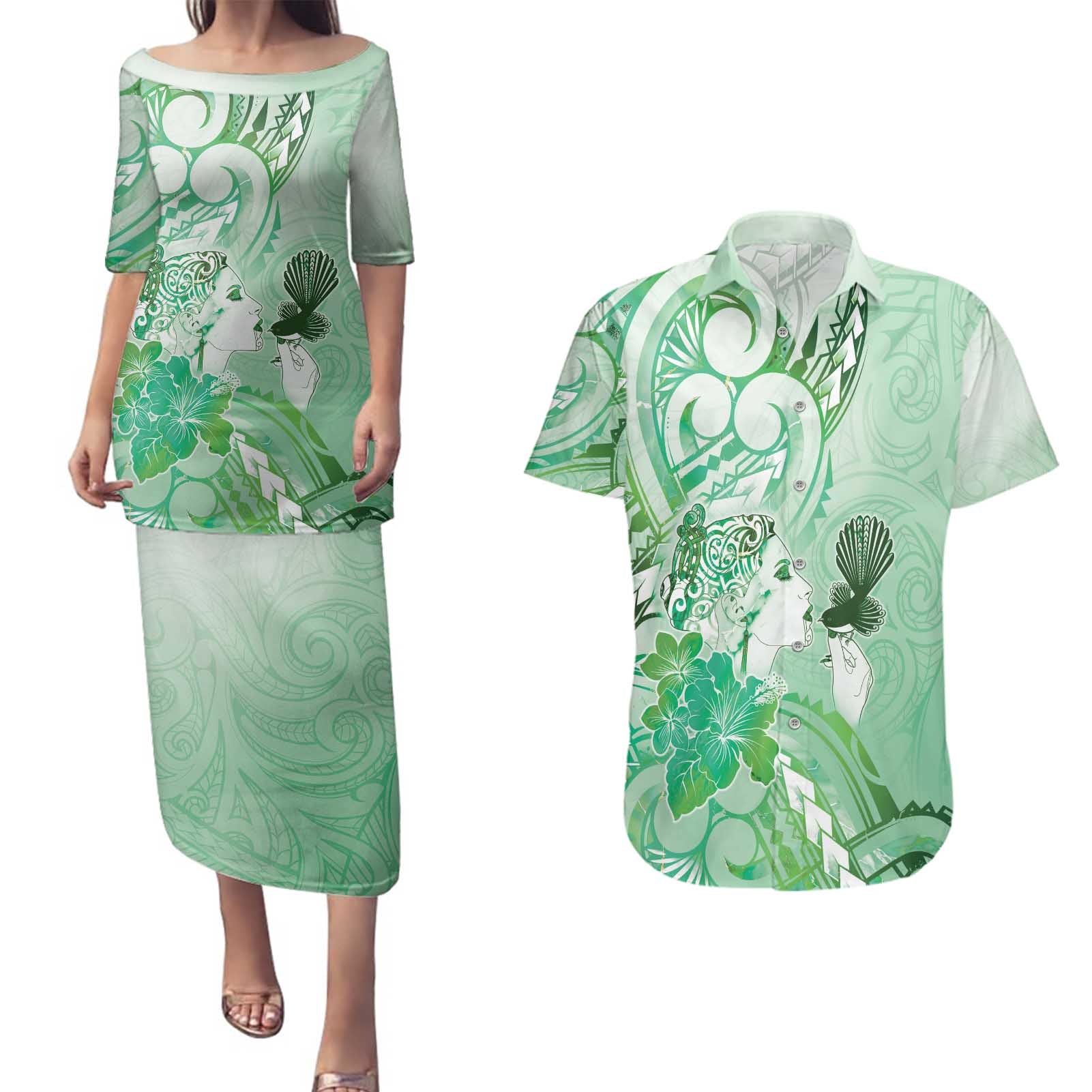 Aotearoa Maori Wahine Couples Matching Puletasi and Hawaiian Shirt Fantail Bird Green Gold Marble