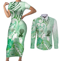 Aotearoa Maori Wahine Couples Matching Short Sleeve Bodycon Dress and Long Sleeve Button Shirt Fantail Bird Green Gold Marble