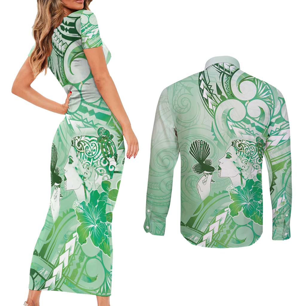 Aotearoa Maori Wahine Couples Matching Short Sleeve Bodycon Dress and Long Sleeve Button Shirt Fantail Bird Green Gold Marble