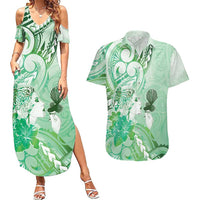 Aotearoa Maori Wahine Couples Matching Summer Maxi Dress and Hawaiian Shirt Fantail Bird Green Gold Marble