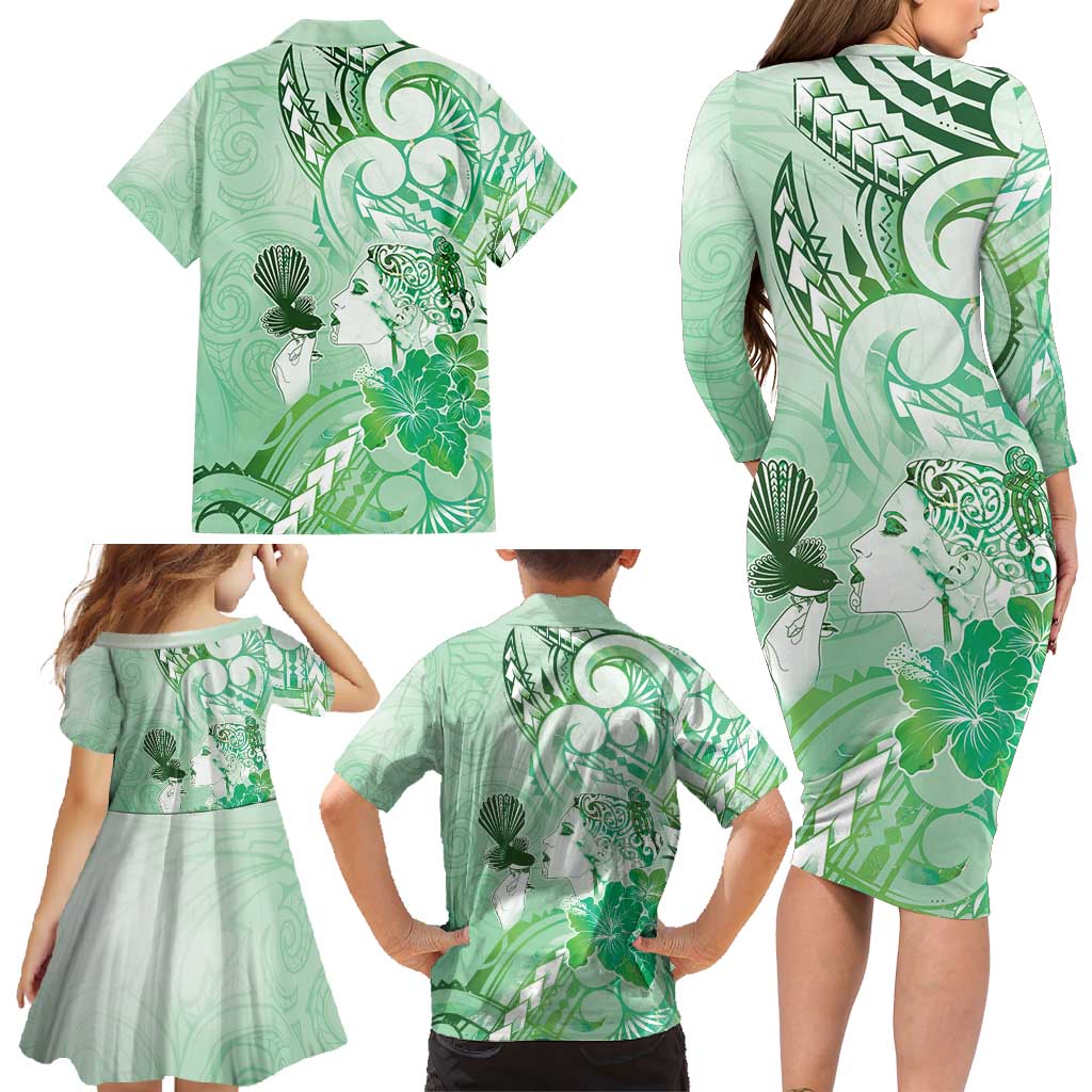 Aotearoa Maori Wahine Family Matching Long Sleeve Bodycon Dress and Hawaiian Shirt Fantail Bird Green Gold Marble