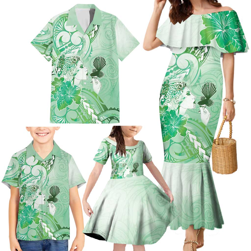 Aotearoa Maori Wahine Family Matching Mermaid Dress and Hawaiian Shirt Fantail Bird Green Gold Marble