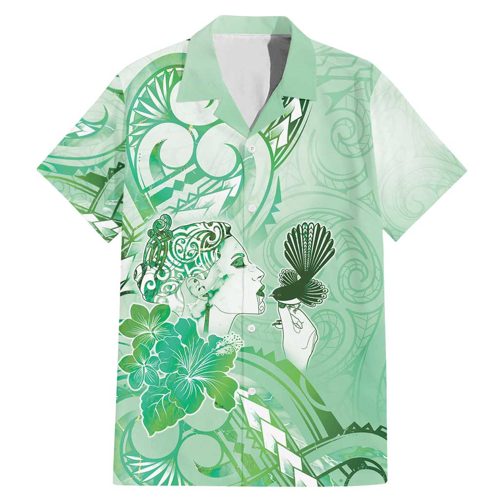 Aotearoa Maori Wahine Family Matching Mermaid Dress and Hawaiian Shirt Fantail Bird Green Gold Marble