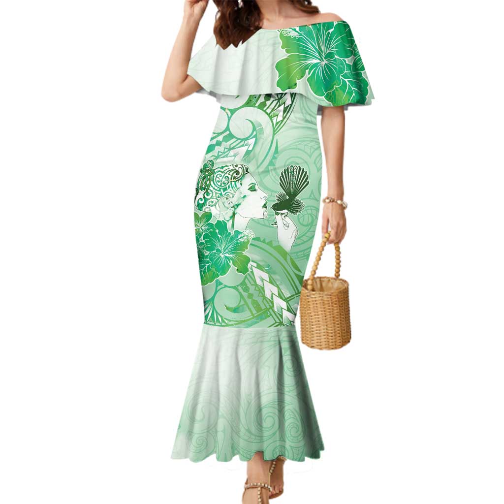 Aotearoa Maori Wahine Family Matching Mermaid Dress and Hawaiian Shirt Fantail Bird Green Gold Marble