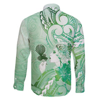 Aotearoa Maori Wahine Family Matching Off The Shoulder Long Sleeve Dress and Hawaiian Shirt Fantail Bird Green Gold Marble