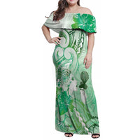 Aotearoa Maori Wahine Family Matching Off Shoulder Maxi Dress and Hawaiian Shirt Fantail Bird Green Gold Marble