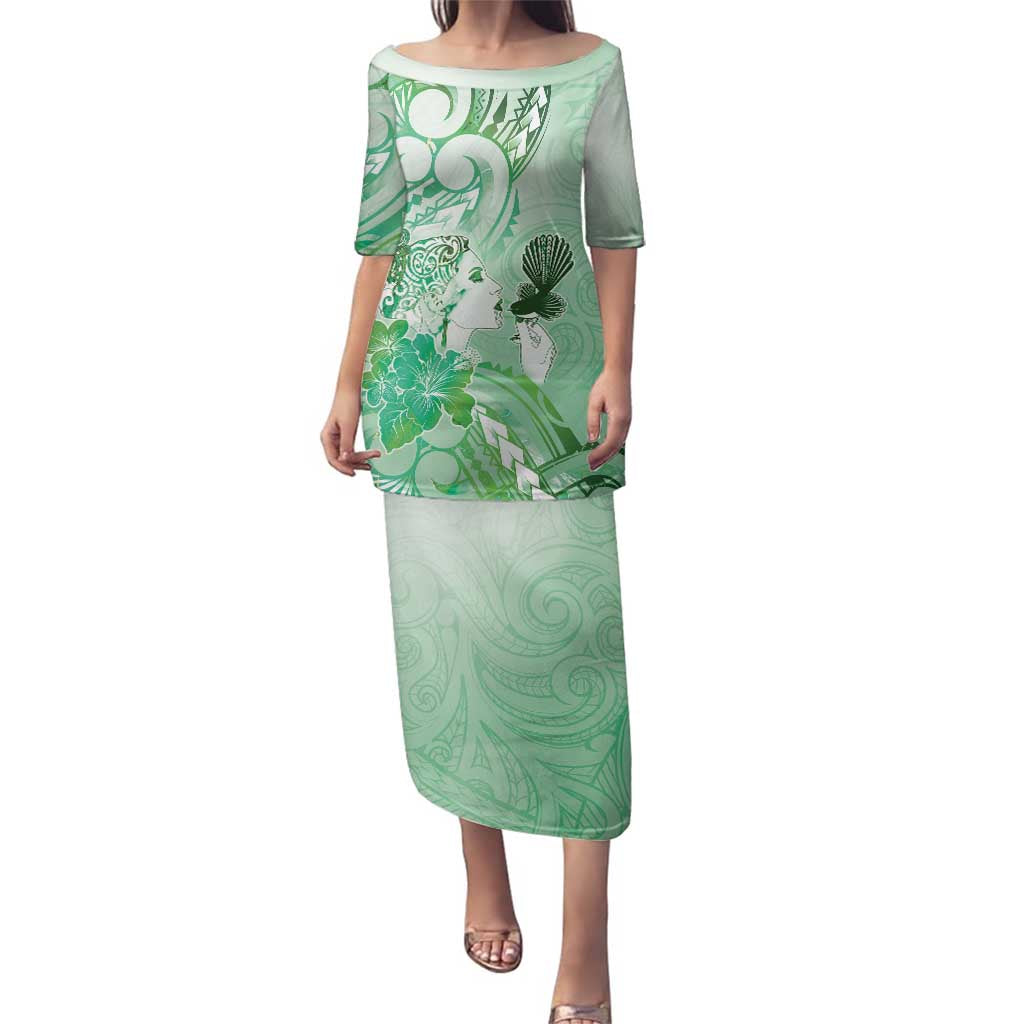 Aotearoa Maori Wahine Family Matching Puletasi and Hawaiian Shirt Fantail Bird Green Gold Marble