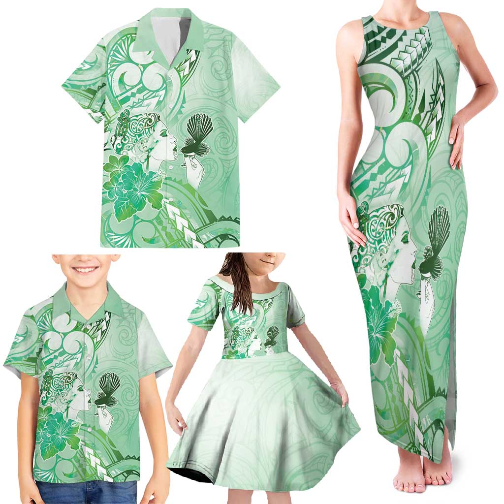 Aotearoa Maori Wahine Family Matching Tank Maxi Dress and Hawaiian Shirt Fantail Bird Green Gold Marble