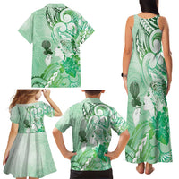 Aotearoa Maori Wahine Family Matching Tank Maxi Dress and Hawaiian Shirt Fantail Bird Green Gold Marble
