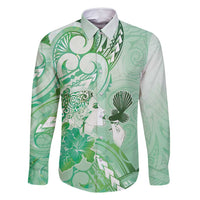 Aotearoa Maori Wahine Family Matching Tank Maxi Dress and Hawaiian Shirt Fantail Bird Green Gold Marble