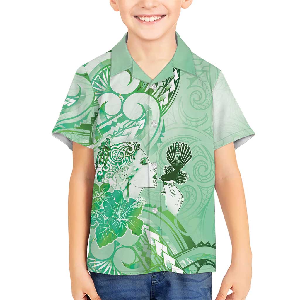 Aotearoa Maori Wahine Hawaiian Shirt Fantail Bird Green Gold Marble
