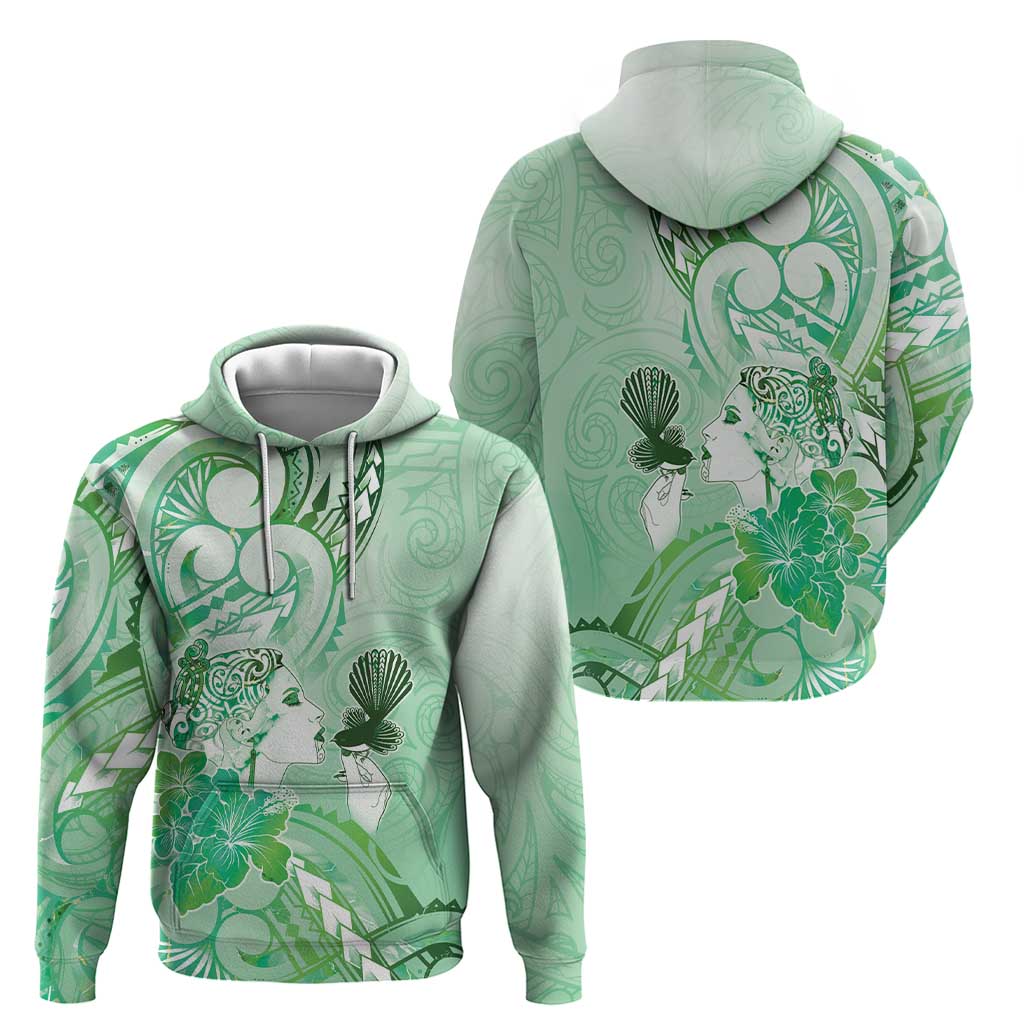 Aotearoa Maori Wahine Hoodie Fantail Bird Green Gold Marble