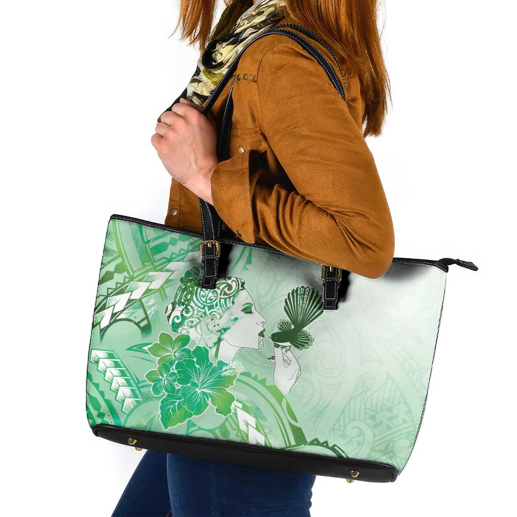 Aotearoa Maori Wahine Leather Tote Bag Fantail Bird Green Gold Marble