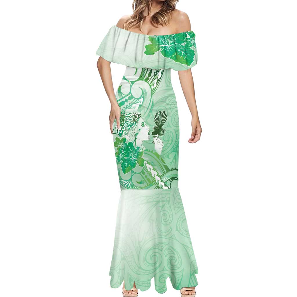 Aotearoa Maori Wahine Mermaid Dress Fantail Bird Green Gold Marble