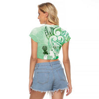 Aotearoa Maori Wahine Raglan Cropped T Shirt Fantail Bird Green Gold Marble