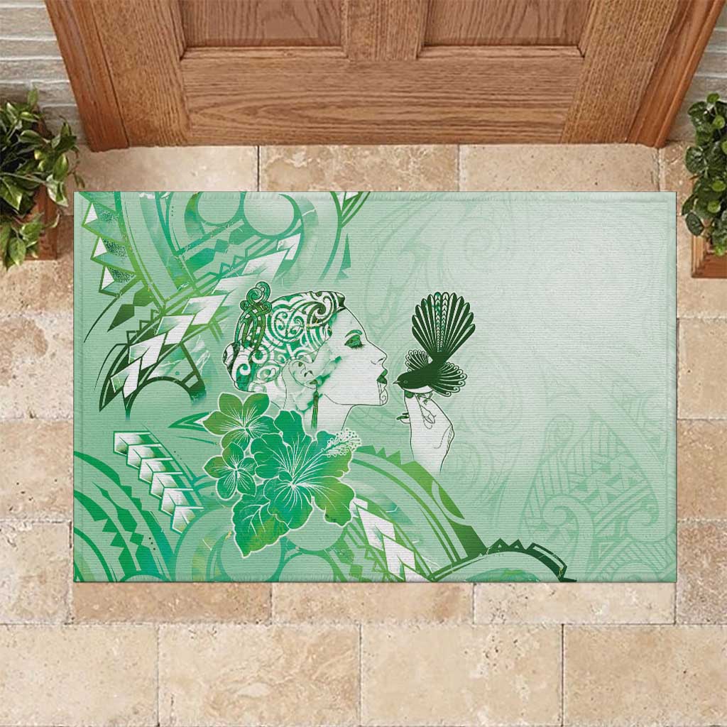 Aotearoa Maori Wahine Rubber Doormat Fantail Bird Green Gold Marble