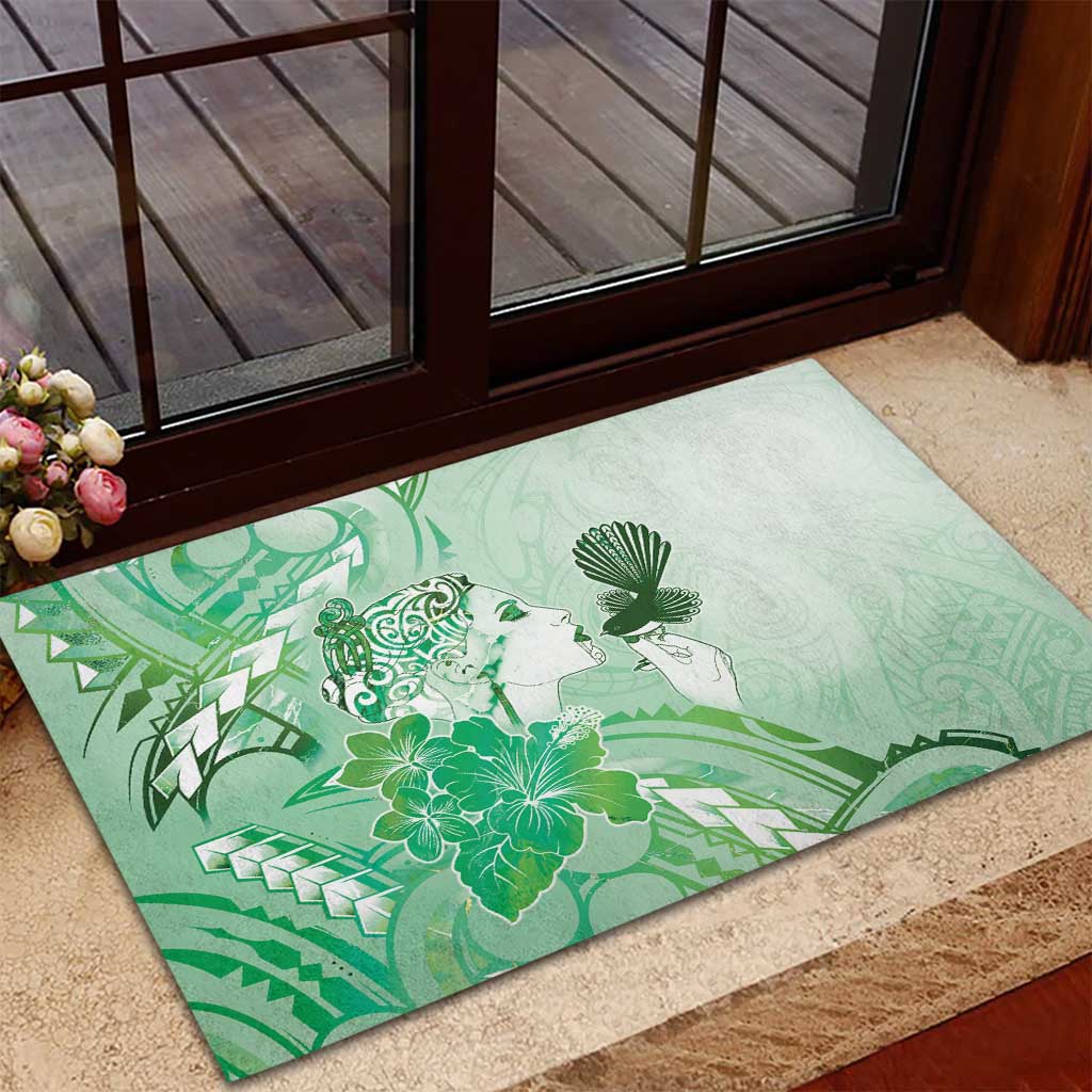 Aotearoa Maori Wahine Rubber Doormat Fantail Bird Green Gold Marble