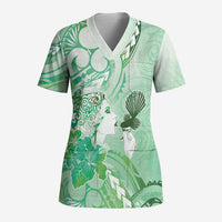 Aotearoa Maori Wahine Scrub Top Fantail Bird Green Gold Marble - Polynesian Pride