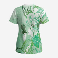 Aotearoa Maori Wahine Scrub Top Fantail Bird Green Gold Marble - Polynesian Pride