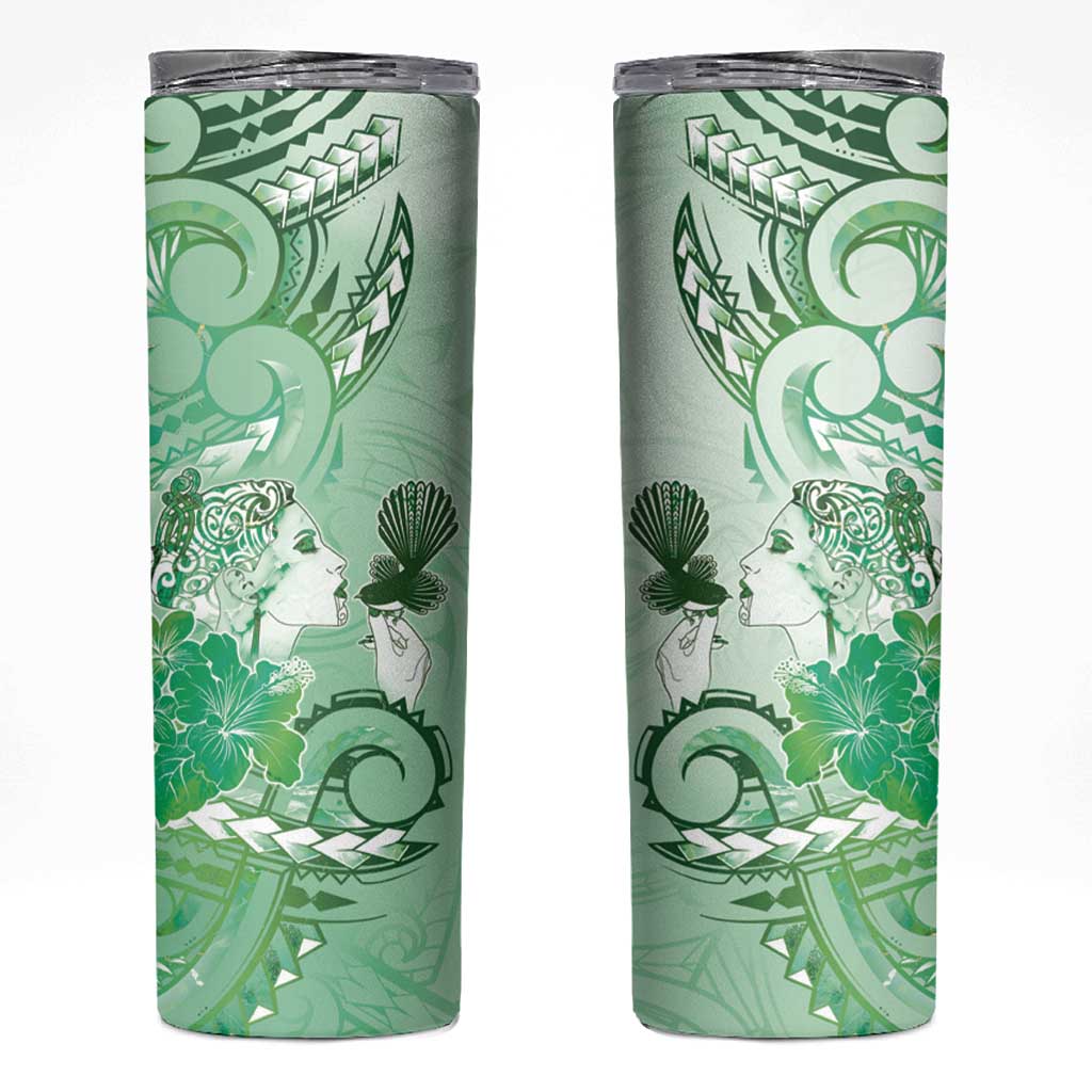 Aotearoa Maori Wahine Skinny Tumbler Fantail Bird Green Gold Marble