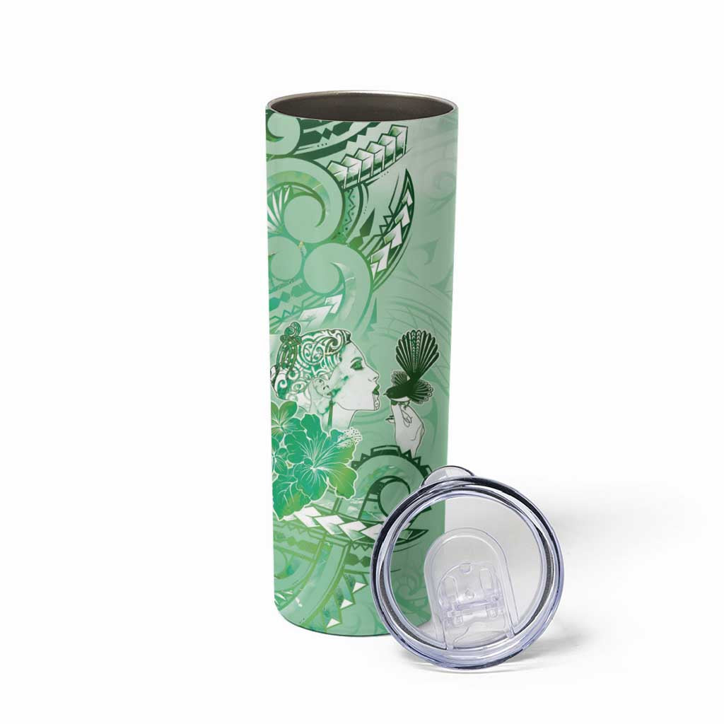 Aotearoa Maori Wahine Skinny Tumbler Fantail Bird Green Gold Marble