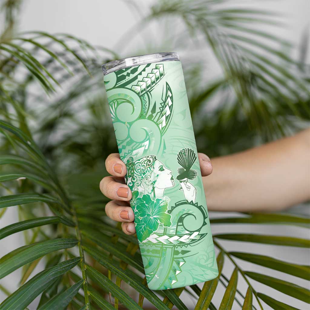 Aotearoa Maori Wahine Skinny Tumbler Fantail Bird Green Gold Marble