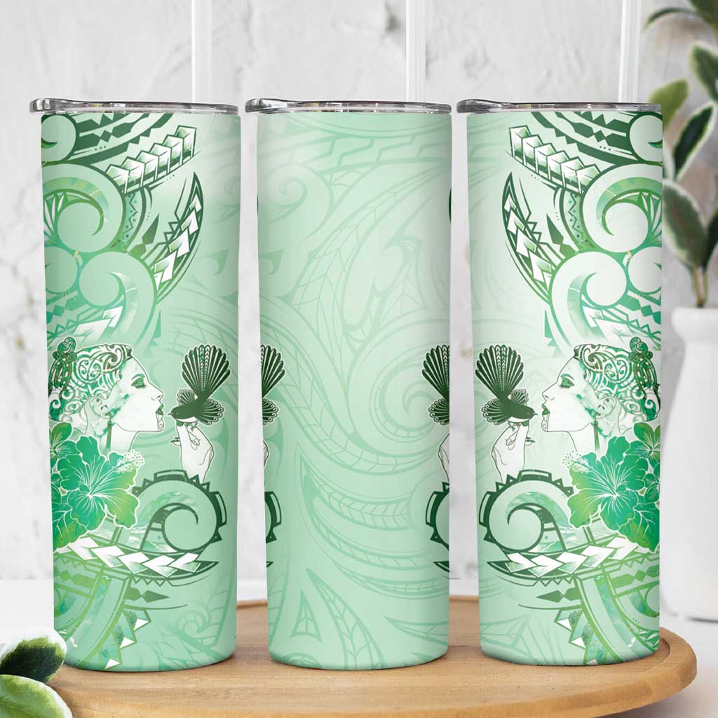 Aotearoa Maori Wahine Skinny Tumbler Fantail Bird Green Gold Marble