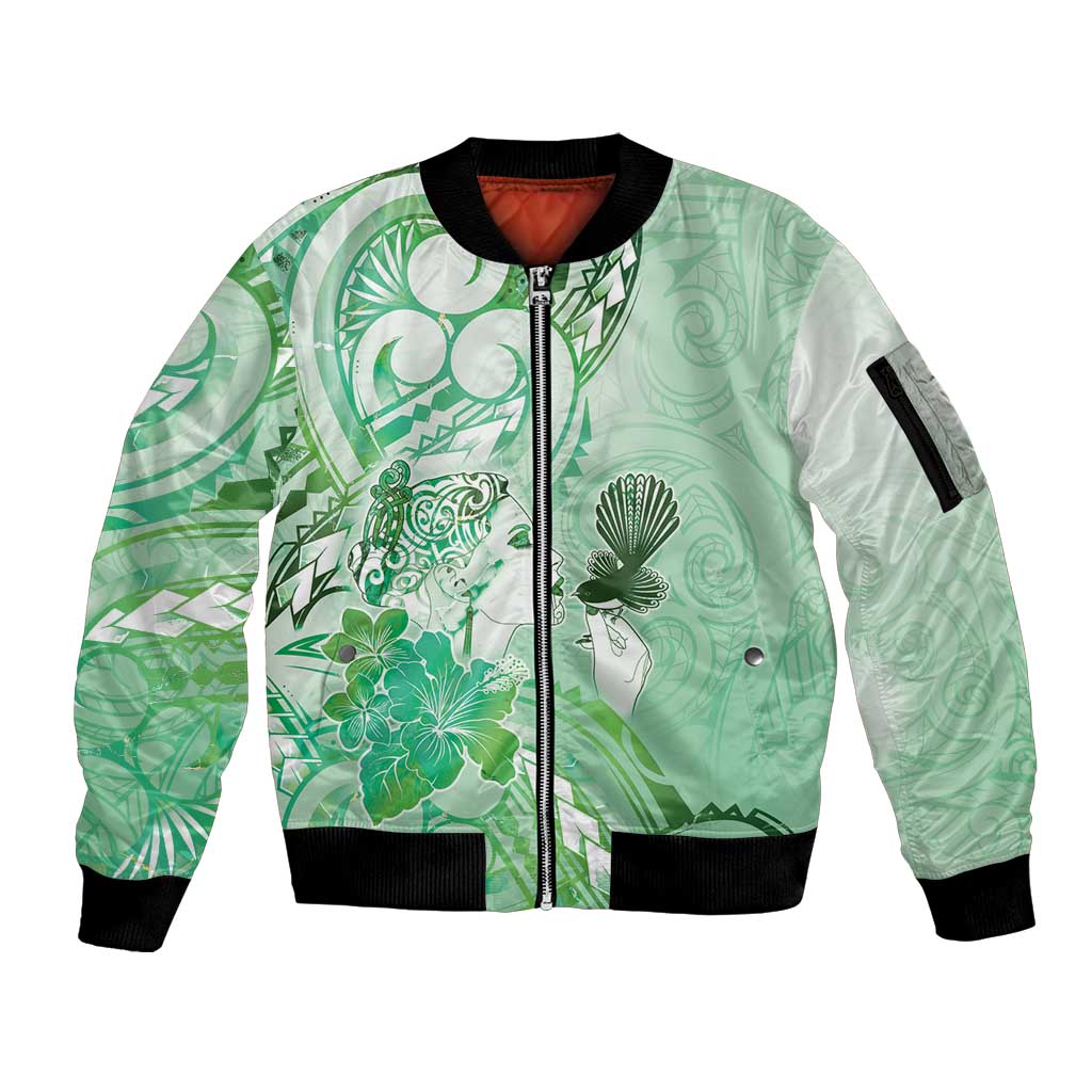 Aotearoa Maori Wahine Sleeve Zip Bomber Jacket Fantail Bird Green Gold Marble