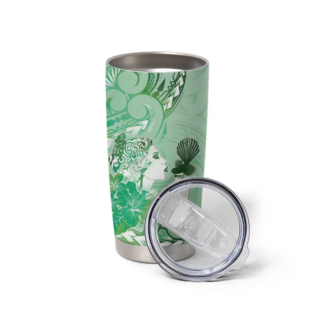 Aotearoa Maori Wahine Tumbler Cup Fantail Bird Green Gold Marble
