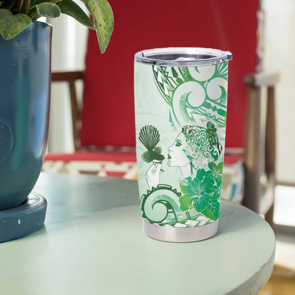Aotearoa Maori Wahine Tumbler Cup Fantail Bird Green Gold Marble