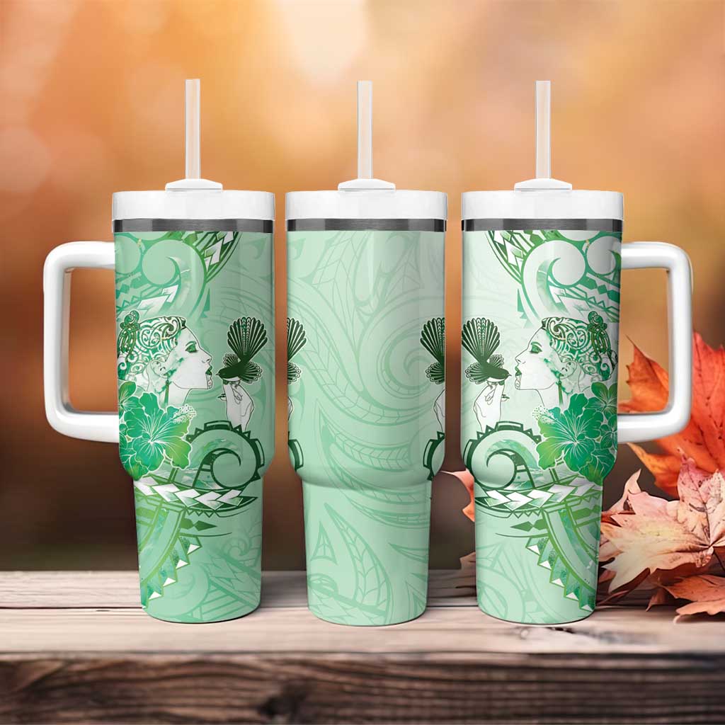 Aotearoa Maori Wahine Tumbler With Handle Fantail Bird Green Gold Marble