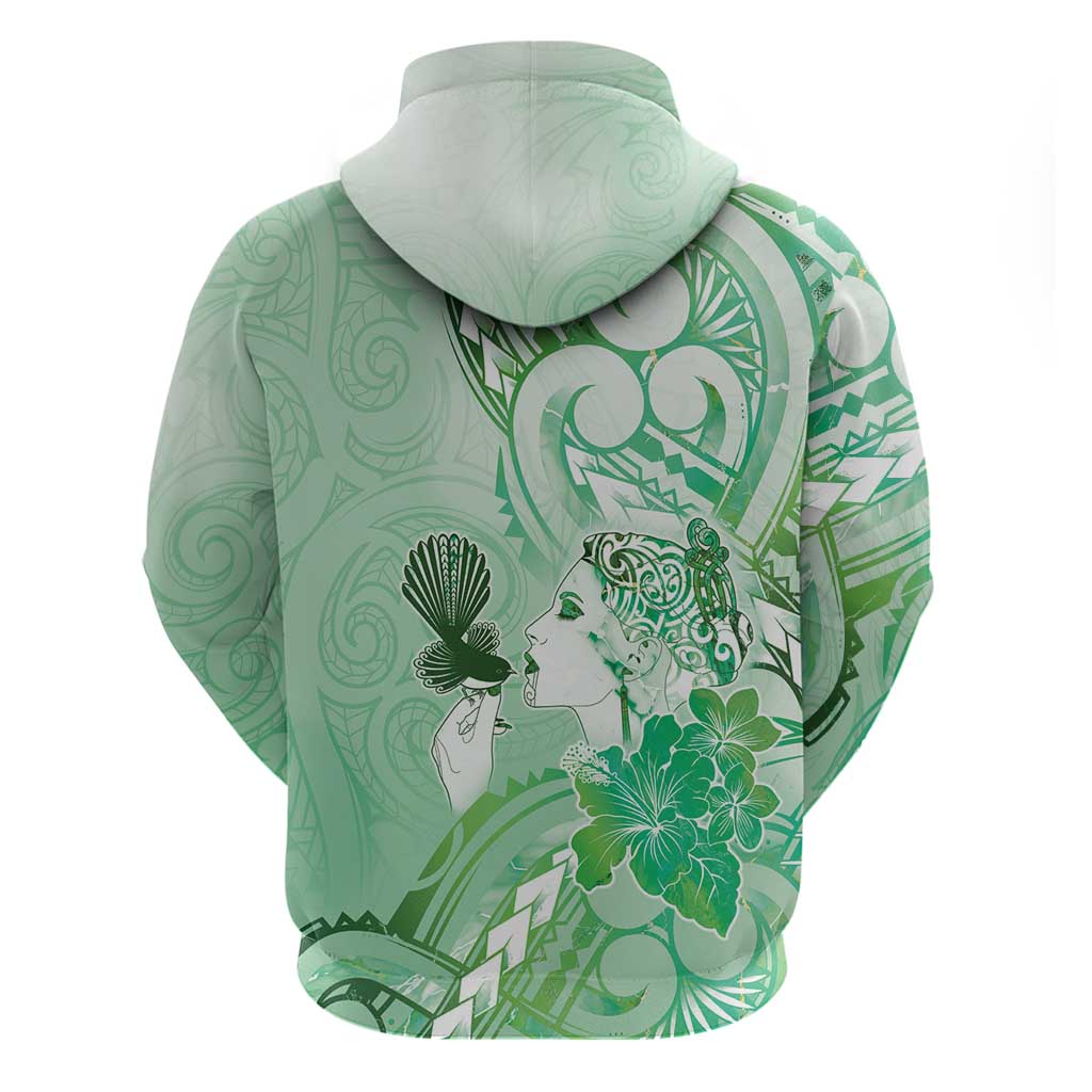 Aotearoa Maori Wahine Zip Hoodie Fantail Bird Green Gold Marble