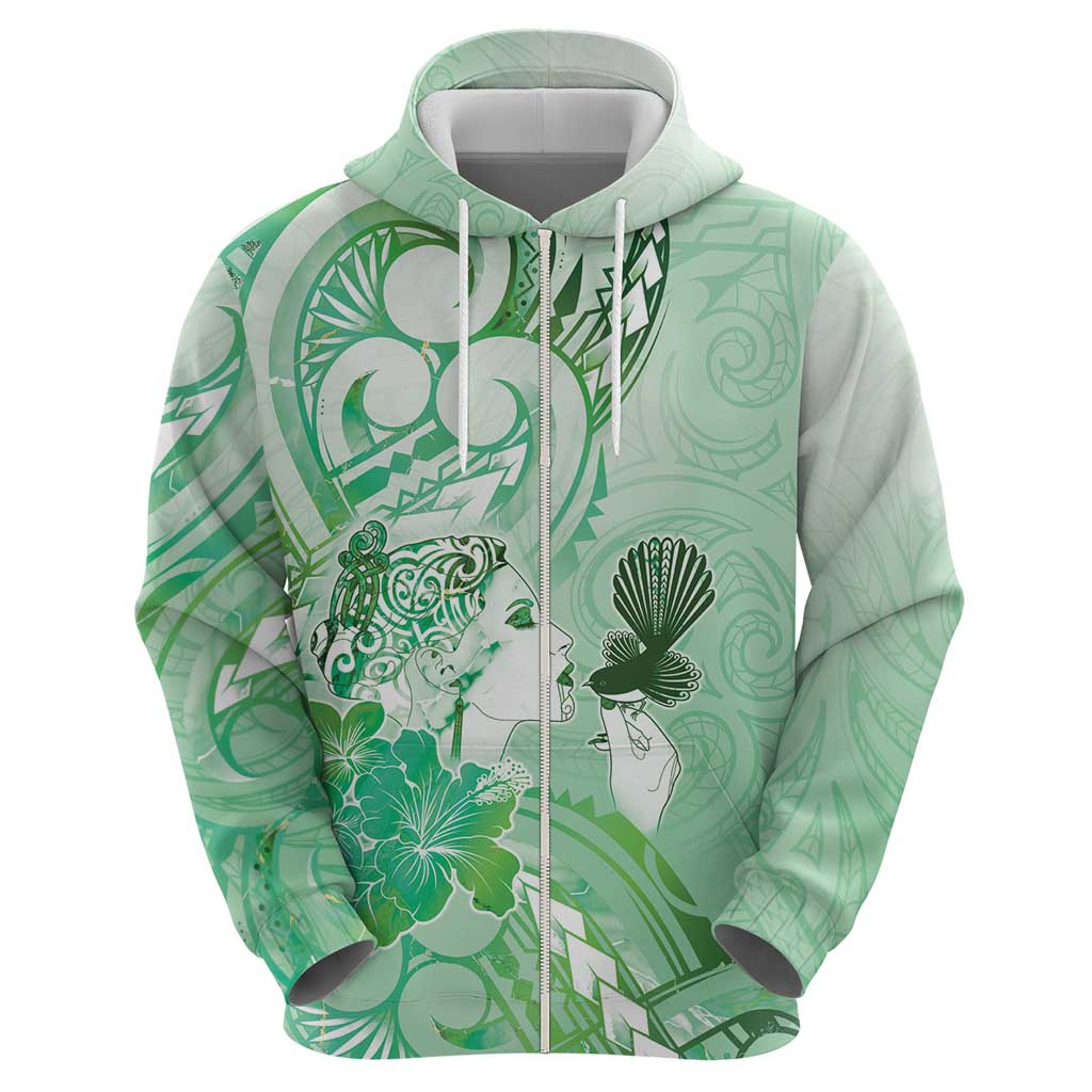 Aotearoa Maori Wahine Zip Hoodie Fantail Bird Green Gold Marble