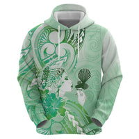 Aotearoa Maori Wahine Zip Hoodie Fantail Bird Green Gold Marble
