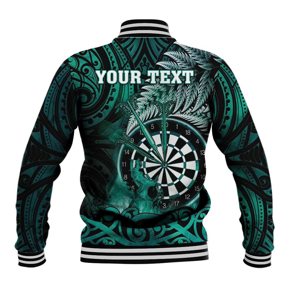 Personalised New Zealand Darts Baseball Jacket Maori Koru Dartboard Turquoise Flame
