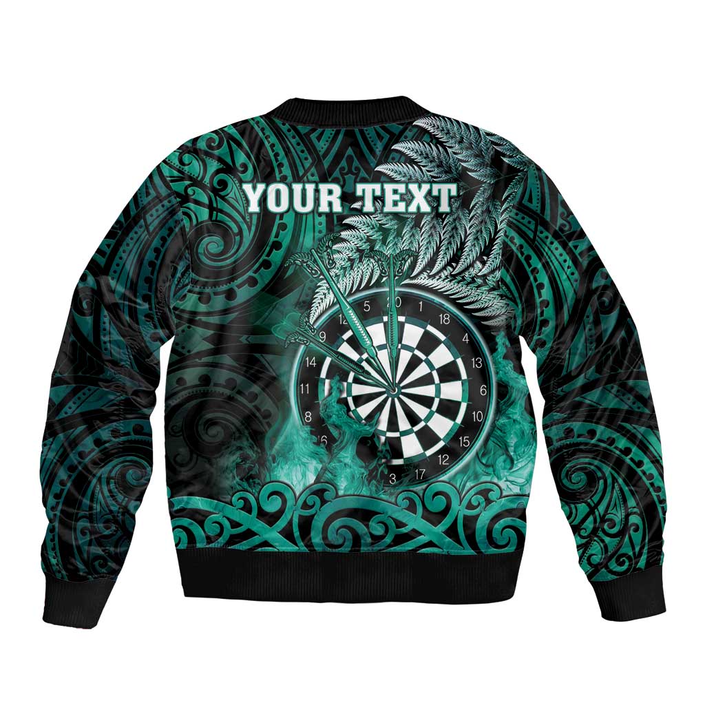Personalised New Zealand Darts Bomber Jacket Maori Koru Dartboard Turquoise Flame