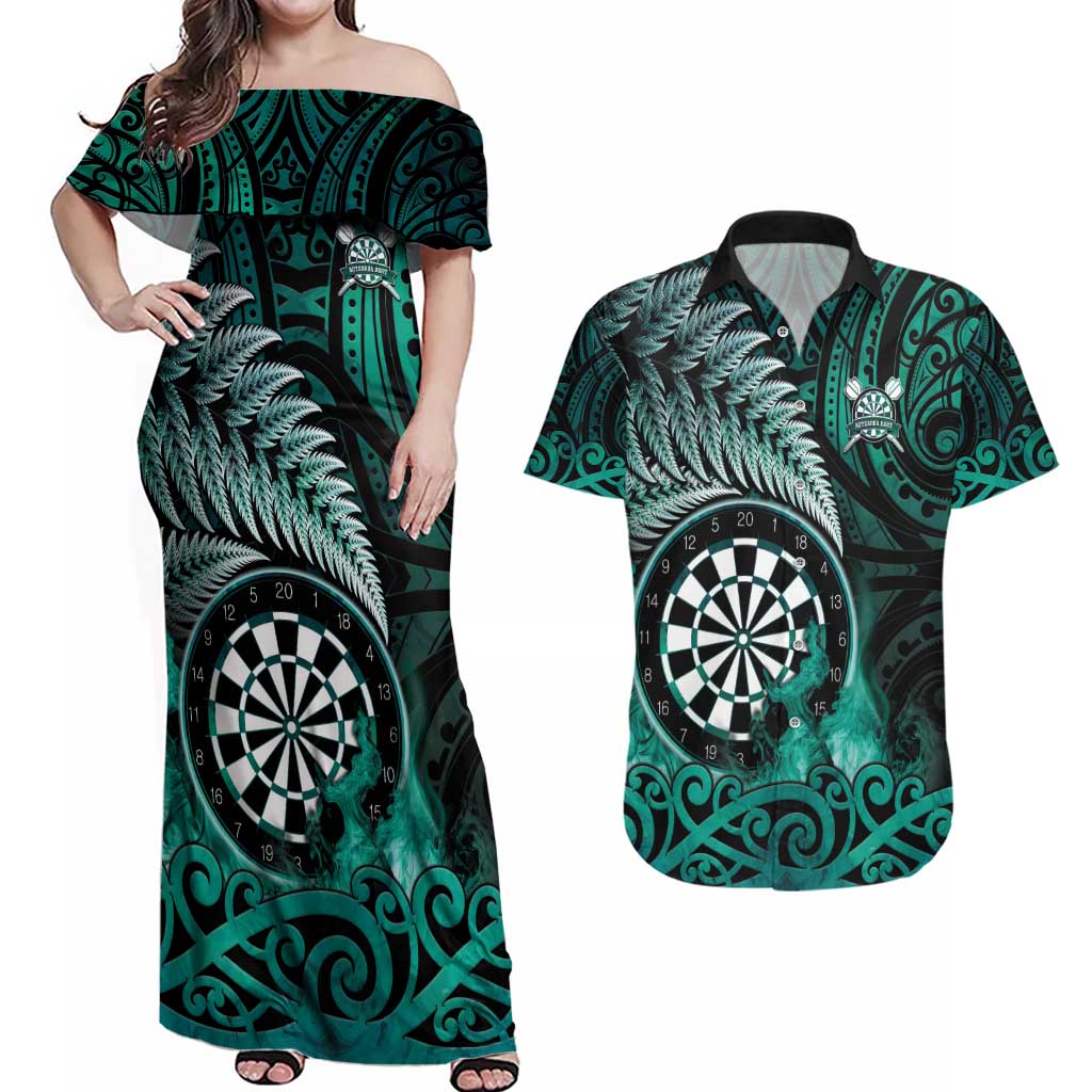 Personalised New Zealand Darts Couples Matching Off Shoulder Maxi Dress and Hawaiian Shirt Maori Koru Dartboard Turquoise Flame