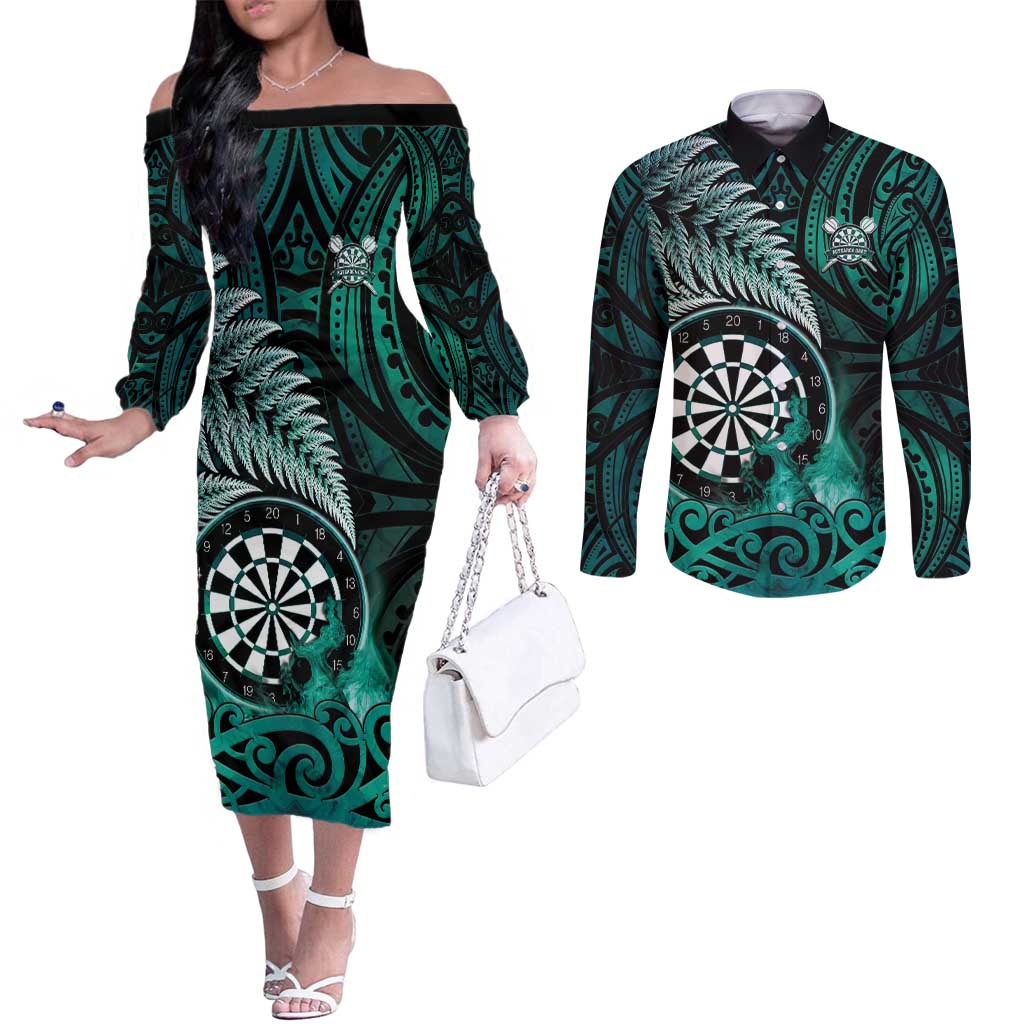 Personalised New Zealand Darts Couples Matching Off The Shoulder Long Sleeve Dress and Long Sleeve Button Shirt Maori Koru Dartboard Turquoise Flame