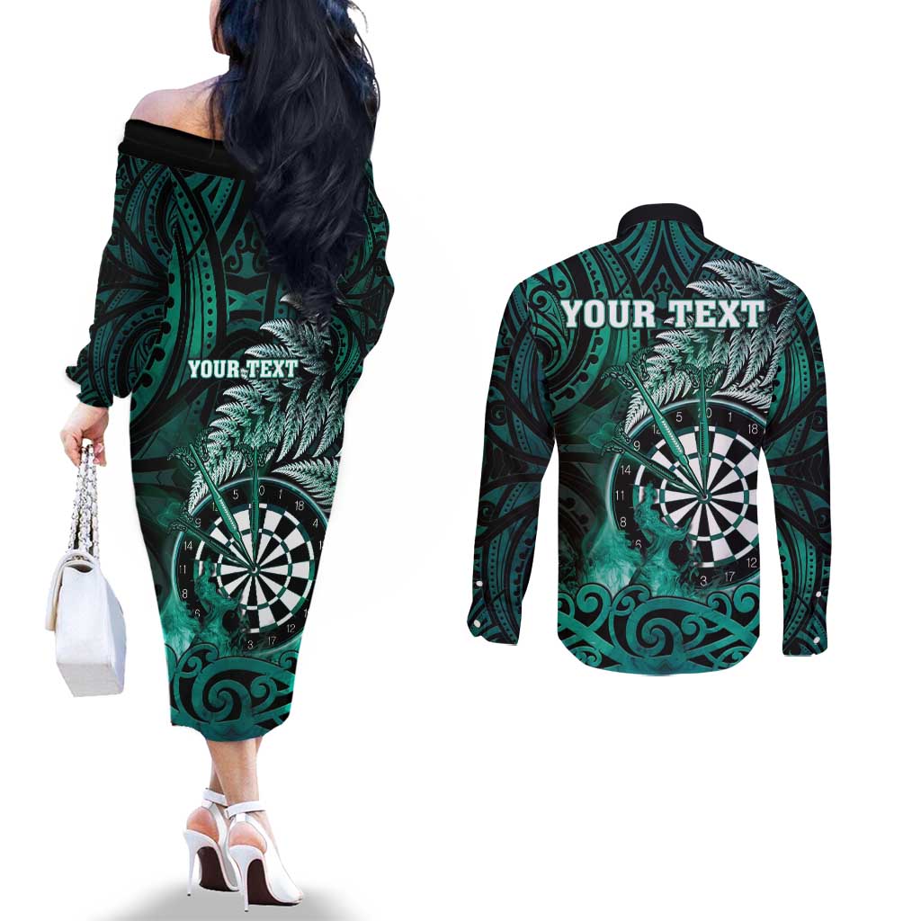 Personalised New Zealand Darts Couples Matching Off The Shoulder Long Sleeve Dress and Long Sleeve Button Shirt Maori Koru Dartboard Turquoise Flame
