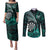 Personalised New Zealand Darts Couples Matching Puletasi and Long Sleeve Button Shirt Maori Koru Dartboard Turquoise Flame