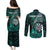 Personalised New Zealand Darts Couples Matching Puletasi and Long Sleeve Button Shirt Maori Koru Dartboard Turquoise Flame