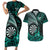 Personalised New Zealand Darts Couples Matching Short Sleeve Bodycon Dress and Hawaiian Shirt Maori Koru Dartboard Turquoise Flame
