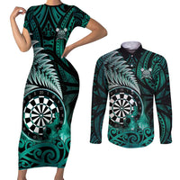 Personalised New Zealand Darts Couples Matching Short Sleeve Bodycon Dress and Long Sleeve Button Shirt Maori Koru Dartboard Turquoise Flame