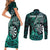 Personalised New Zealand Darts Couples Matching Short Sleeve Bodycon Dress and Long Sleeve Button Shirt Maori Koru Dartboard Turquoise Flame