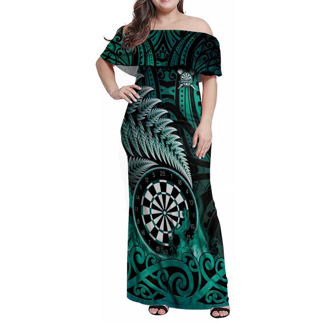 Personalised New Zealand Darts Family Matching Off Shoulder Maxi Dress and Hawaiian Shirt Maori Koru Dartboard Turquoise Flame