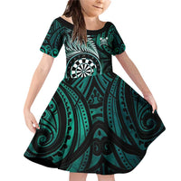 Personalised New Zealand Darts Family Matching Off Shoulder Short Dress and Hawaiian Shirt Maori Koru Dartboard Turquoise Flame