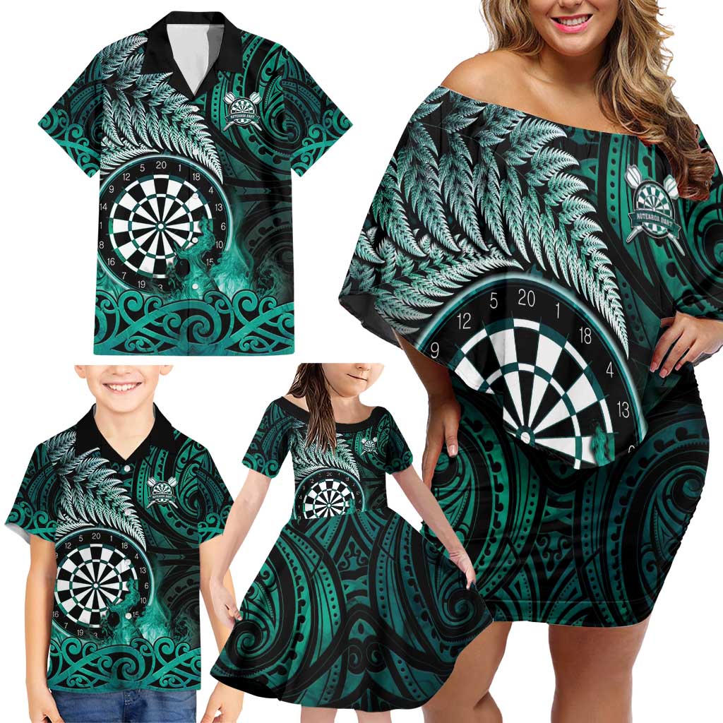 Personalised New Zealand Darts Family Matching Off Shoulder Short Dress and Hawaiian Shirt Maori Koru Dartboard Turquoise Flame