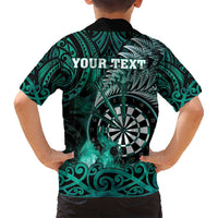 Personalised New Zealand Darts Family Matching Puletasi and Hawaiian Shirt Maori Koru Dartboard Turquoise Flame