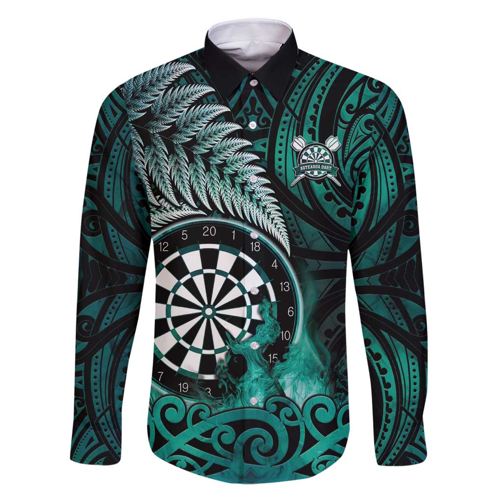 Personalised New Zealand Darts Family Matching Puletasi and Hawaiian Shirt Maori Koru Dartboard Turquoise Flame